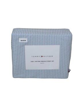 Tommy Hilfiger 100% Cotton Percale Queen Sheet Set With Highland Ticking Stripe